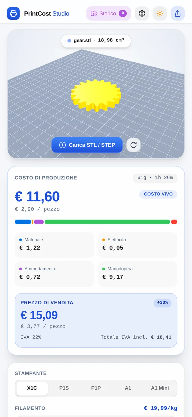 PrintCost Studio: modello 3D, costo di produzione e prezzo di vendita